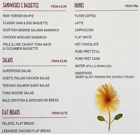 Pret A Manger Printable Menu
