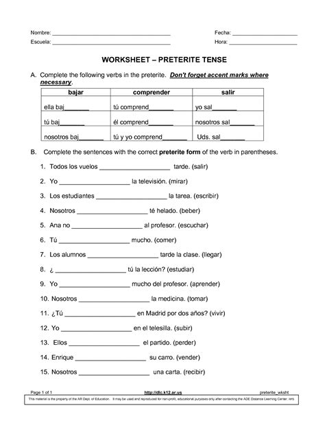 Preterite tense of regular AR verbs worksheet