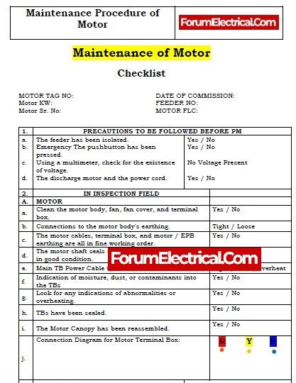 Preventive Maintenance Of Motor Checklist