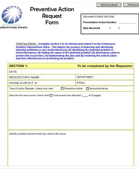 preventive action request form template