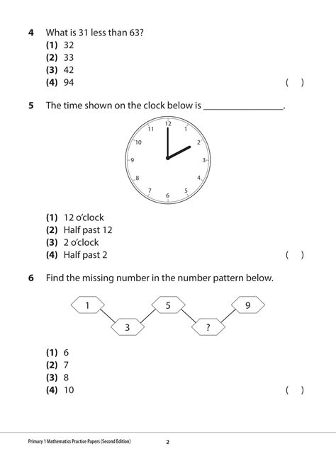 primary 1 mathematics questions printable template