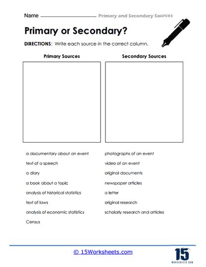 primary and secondary sources worksheet