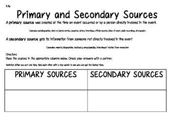 primary and secondary sources worksheet 8th grade