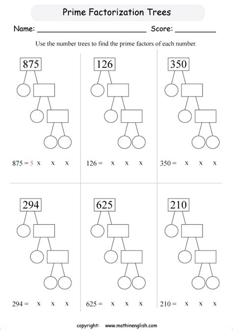 prime factorization tree worksheet grade 6