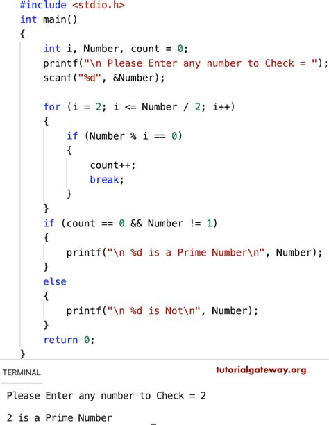 prime number in c using for loop