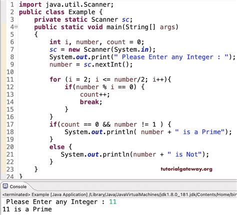 prime number program in java using for loop