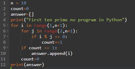 prime number program in python print 1 to 10