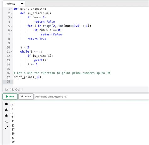 prime number program in python using for loop without function