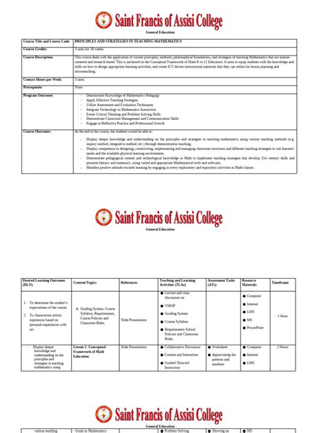 principles and strategies in teaching mathematics syllabus