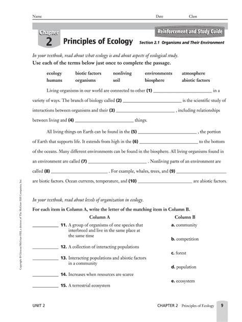 principles of ecology section 2.1 worksheet answers