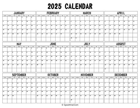 Free Printable 2025 Monthly Calendar (12 Months)