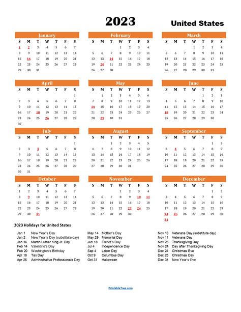Free Download Printable Calendar 2023, large font design , holidays on red