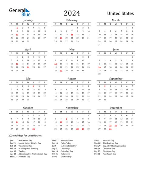 Printable Calendar 2024 With Holidays Usa