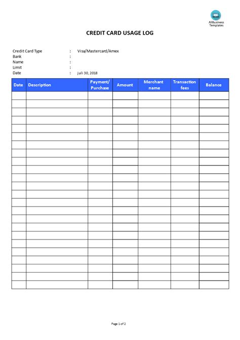 Printable Credit Card Log Template: Keeping Track Of Your Finances