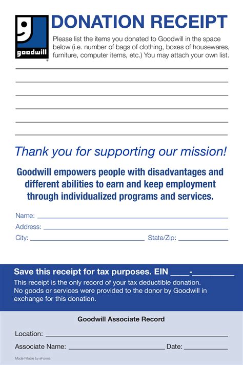 Free Goodwill Donation Receipt Template PDF eForms