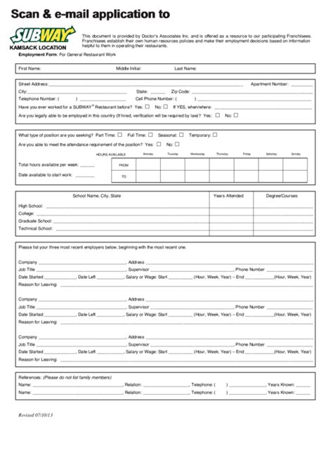 Subway Application Form PDF Online job applications, Job application