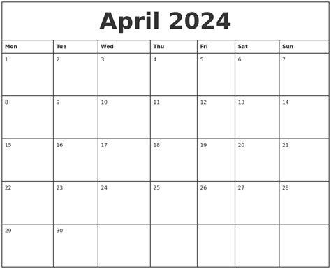Printable Monthly Calendar April 2024