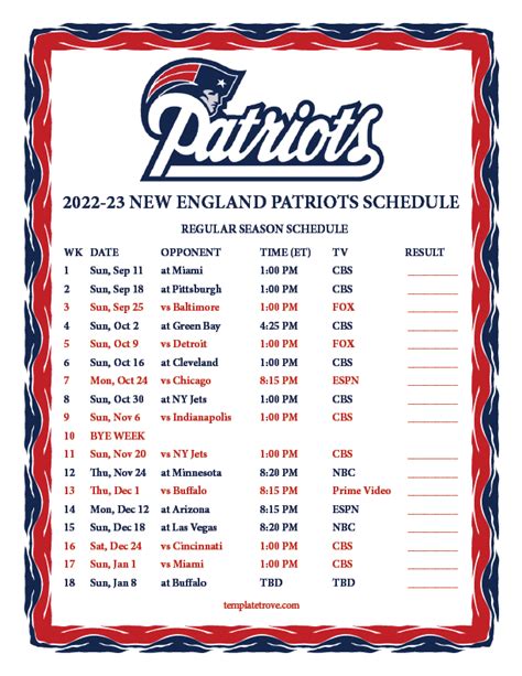 New England Patriots Schedule 2021 To 2022 Printable
