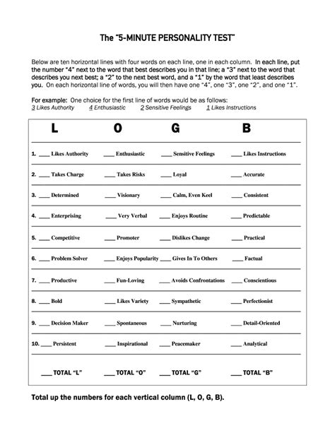 Free Printable Personality Test Free Printable A to Z