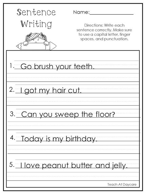 Kindergarten Sentence Writing Practice Worksheets Year 1 Writing