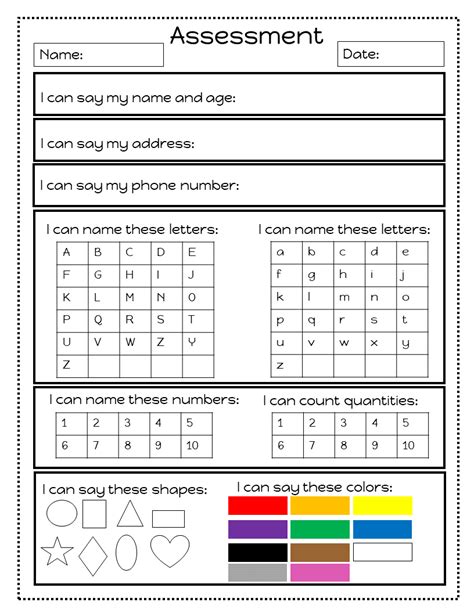 Printable Preschool Assessment Sheet