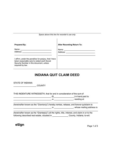 Printable Quit Claim Deed Indiana