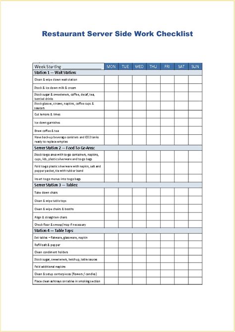 Restaurant Server Sidework Checklist Template in MS Word, Pages