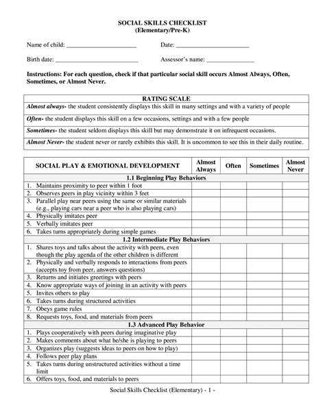 Printable Social Skills Assessment Checklist