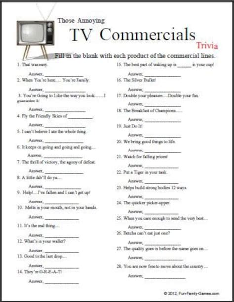 TV Commercials Trivia Etsy in 2021 Printable word games, Family