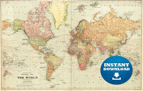 Digital Vintage Drawing Black and White World Map Printable Download