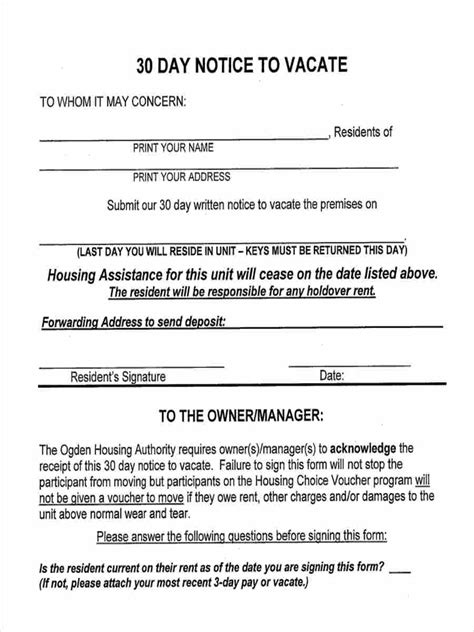 30 Day Notice To Vacate To Tenant Free Printable Documents