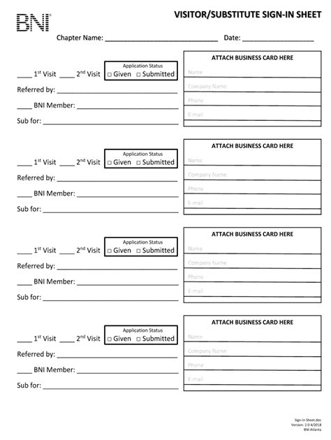 Printable Bni Visit Or Sign In Sheets