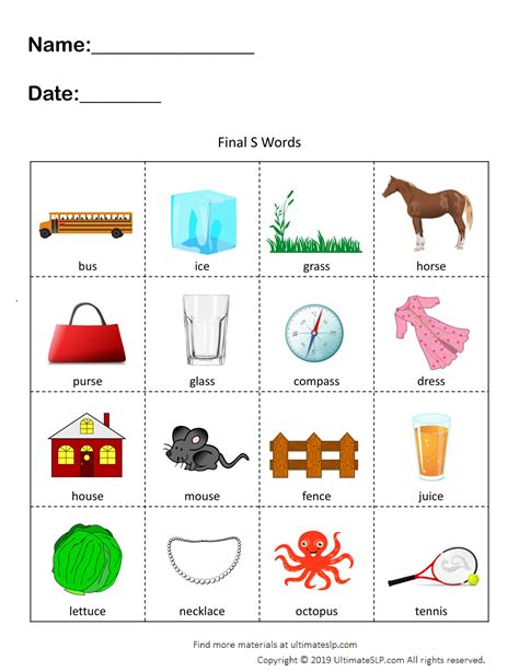 Printable Activities For Final S Articulation