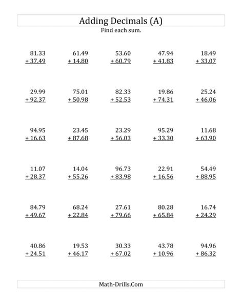Printable Addition Problems With Decimals Third Grade