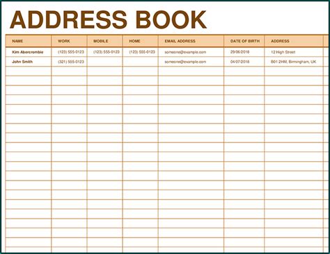 Printable Address Book Template Excel