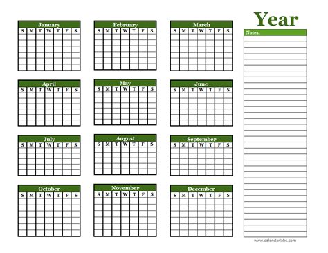 Printable Annual Calendar With Notes