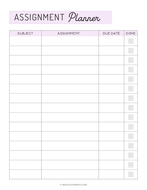 Printable Assignment Calendar College