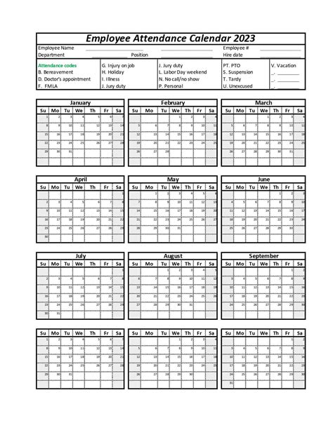Printable Attendance Calendar