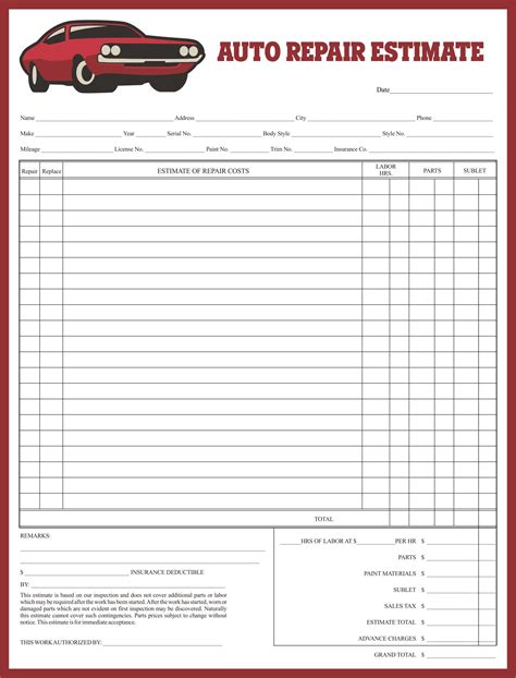 printable auto body repair estimate forms