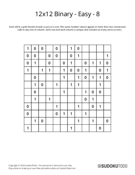 Screenshot of printable binary puzzle example