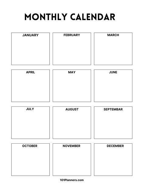 Printable Blank 12 Month Calendar