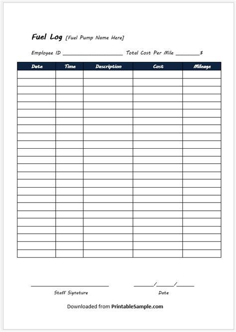 Printable Blank Fuel Log