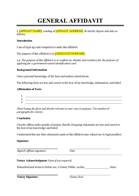 Printable Blank General Affidavit Template