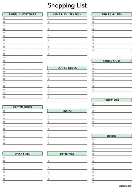 Printable Blank Grocery List Template Excel