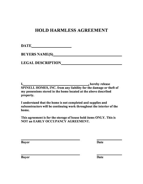 Printable Blank Hold Harmless Agreement PDF Customization