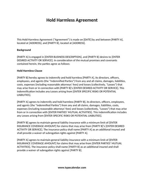 Printable Blank Hold Harmless Agreement PDF Importance
