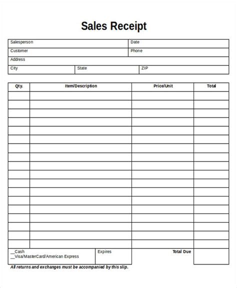 Printable Blank Sales Receipt Template