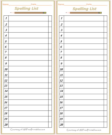 Printable Blank Spelling List Template