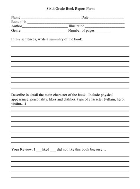 Printable Book Report Packets 6Th Grade