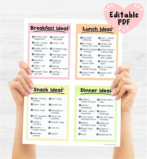 Printable Breakfast Lunch Dinner Snack Menu